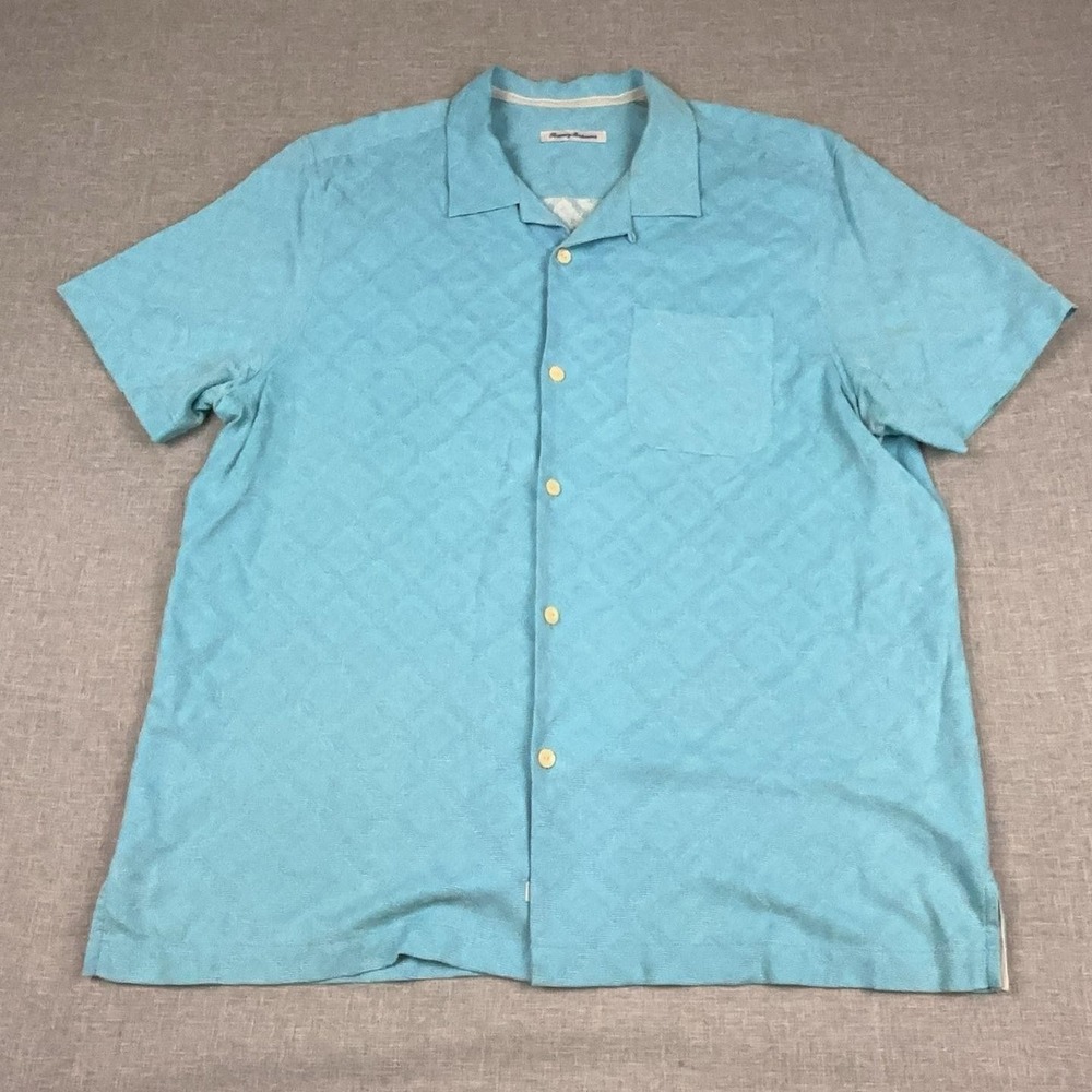 Tommy Bahama Shirt Mens XL Blue Silk Hawaiian Short Sleeve Button-Up Tropical